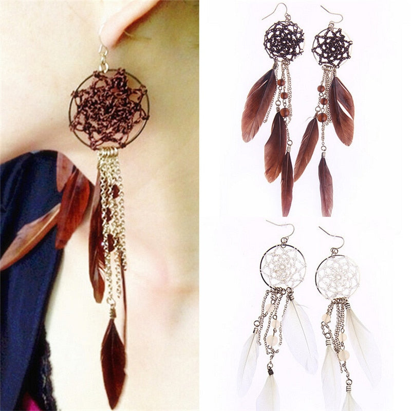 Fashion Jewelry 2017 New Bohemia Feather Beads Long Design Dream Catcher Drop Earrings for Women