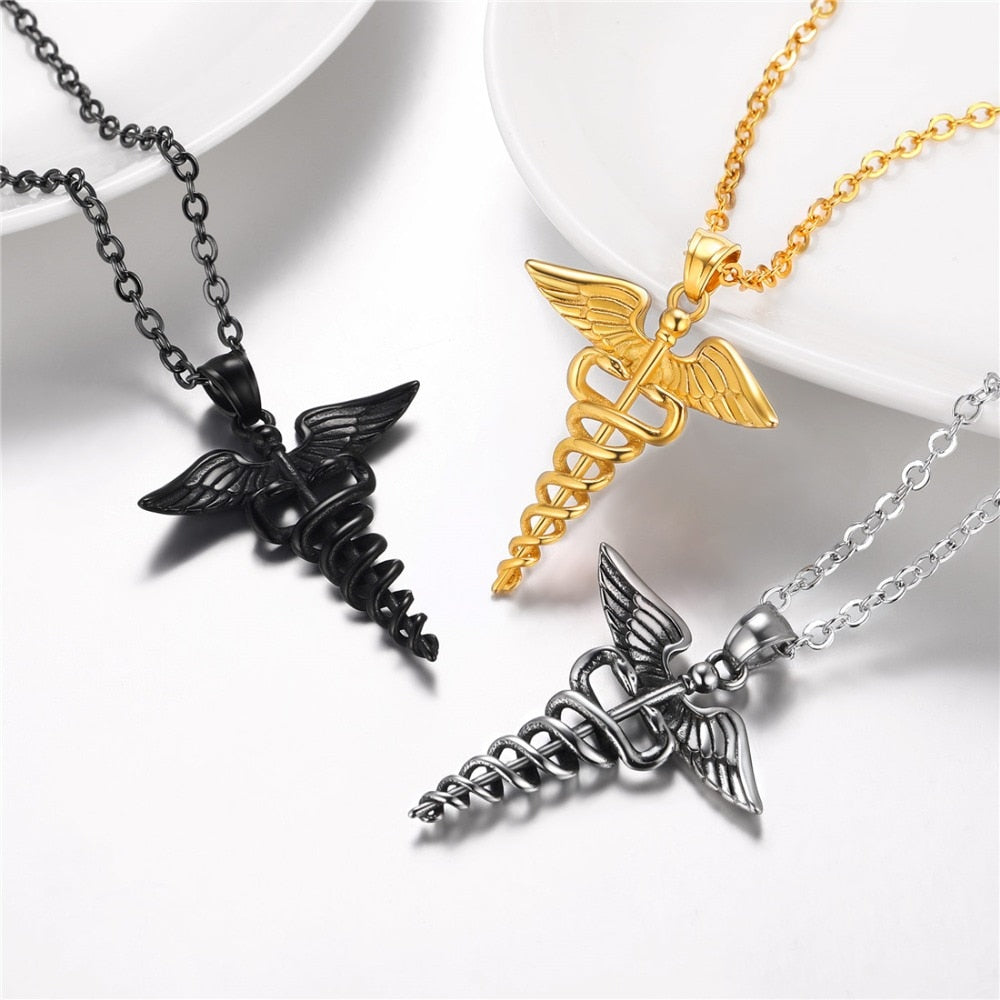U7 Caduceus Pendants Necklace Medical Symbol Nurse Doctor Stainless Steel Double Snake Wings Mythology Necklaces for Women Men