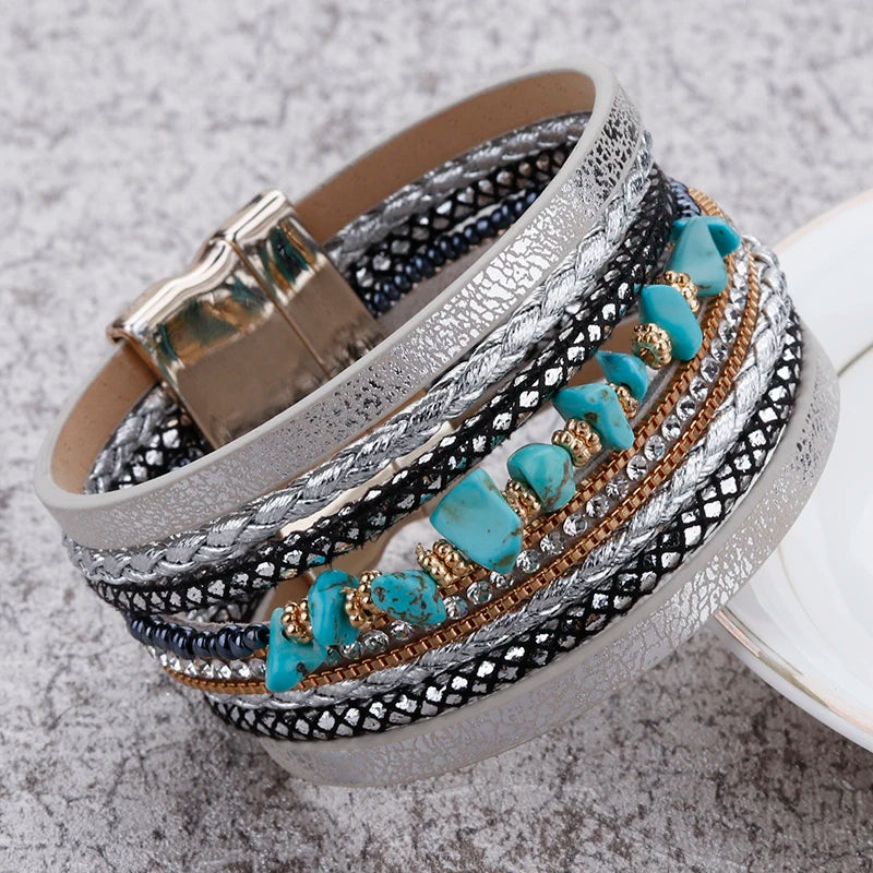 Natural Stone Boho Leather Bracelet