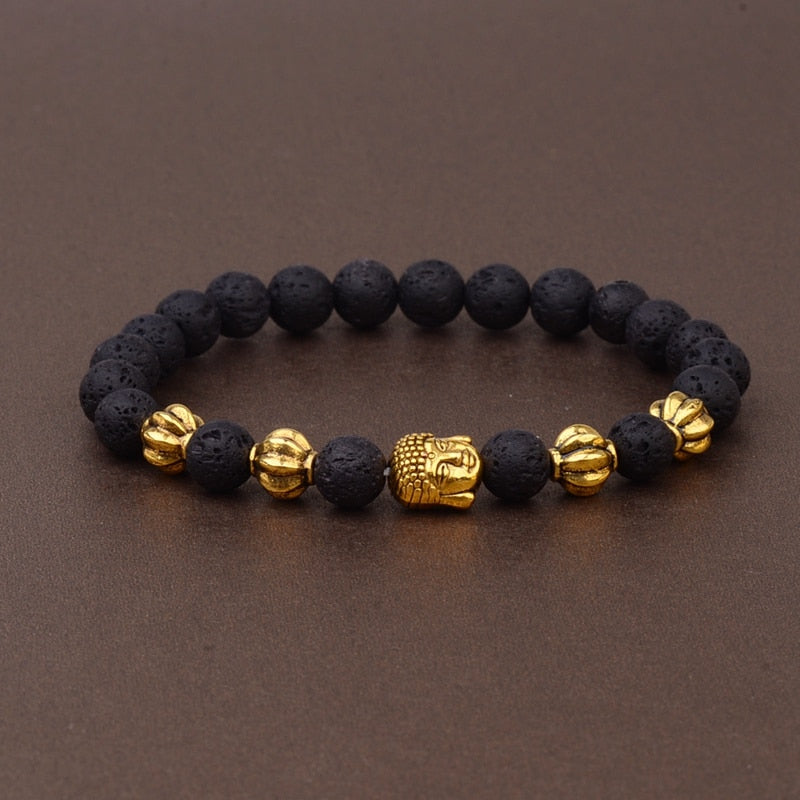 Charm Buddha&Evil Eye Bracelet Women 8mm Elastic Round Bright Black Stone Chakra Bracelets Men Erkek Bileklik Homme