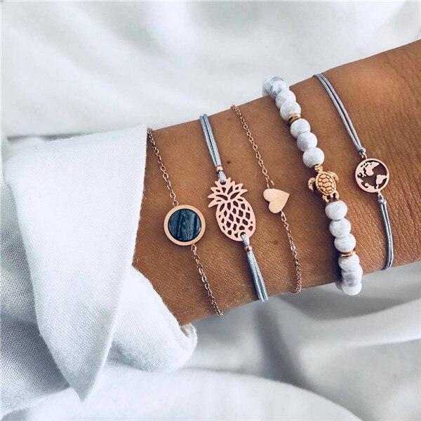 Modyle Bohemian Handmade Pink Crystal Beads Bracelets for Women Vintage Fashion Fox Map Bracelet Bangles Jewelry Gifts