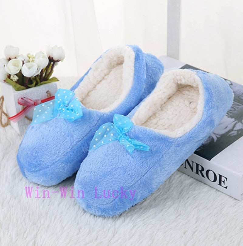 Suihyung Women Cotton Slippers Winter Warm Plush Indoor Floor Shoes Non-slip Hose Slip On Ladies Lace Bow Slides Fluffy Slippers