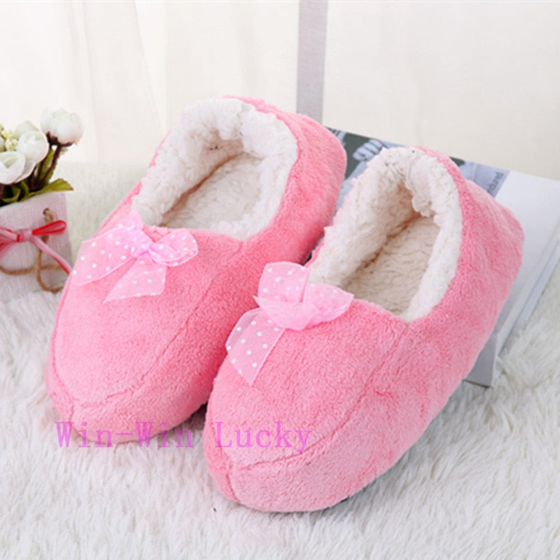 Suihyung Women Cotton Slippers Winter Warm Plush Indoor Floor Shoes Non-slip Hose Slip On Ladies Lace Bow Slides Fluffy Slippers