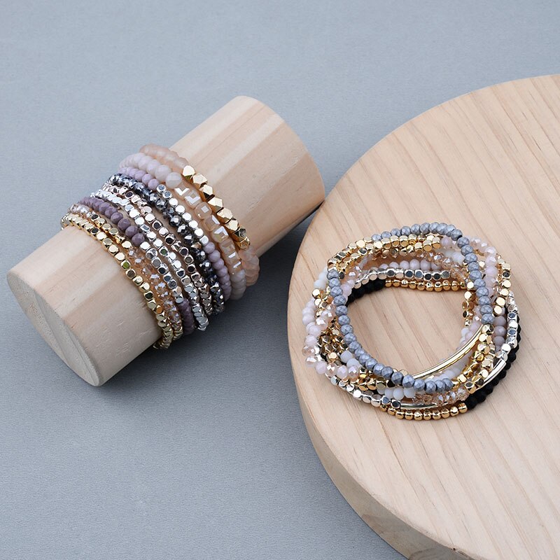 BOJIU Multicolor Crystal Strand Bracelets For Women Gold Acrylic Copper Beads Pink White Black Gray Crystal Bracelet Femme BC226