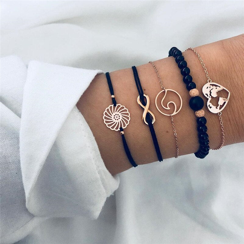 Modyle Bohemian Handmade Pink Crystal Beads Bracelets for Women Vintage Fashion Fox Map Bracelet Bangles Jewelry Gifts