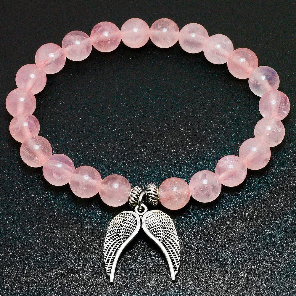 Reiki Natural Pink Quartz with Angel Wings Pendent Bracelet Women Stone Mala Beads Charms Meditation Ethnic Handmade Jewelry
