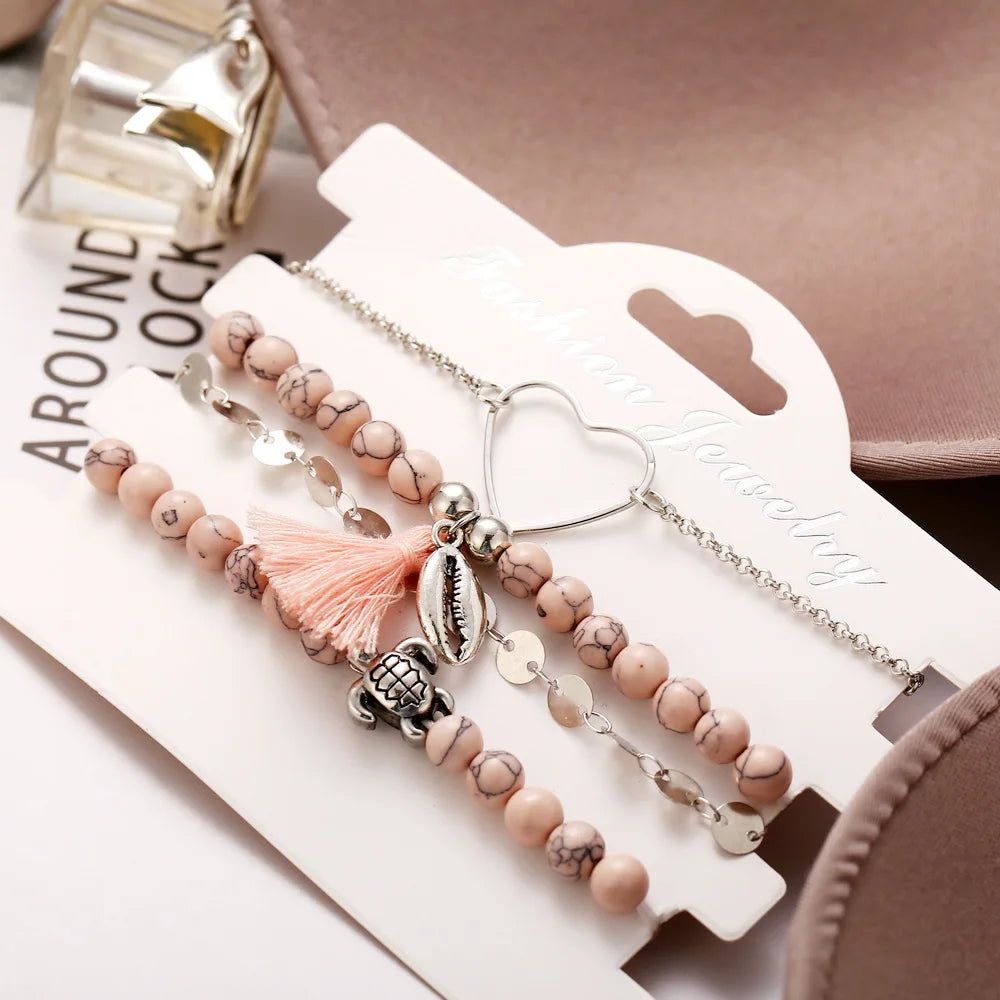 Boho Charm and Crystal Bead Bangle Bracelet Set