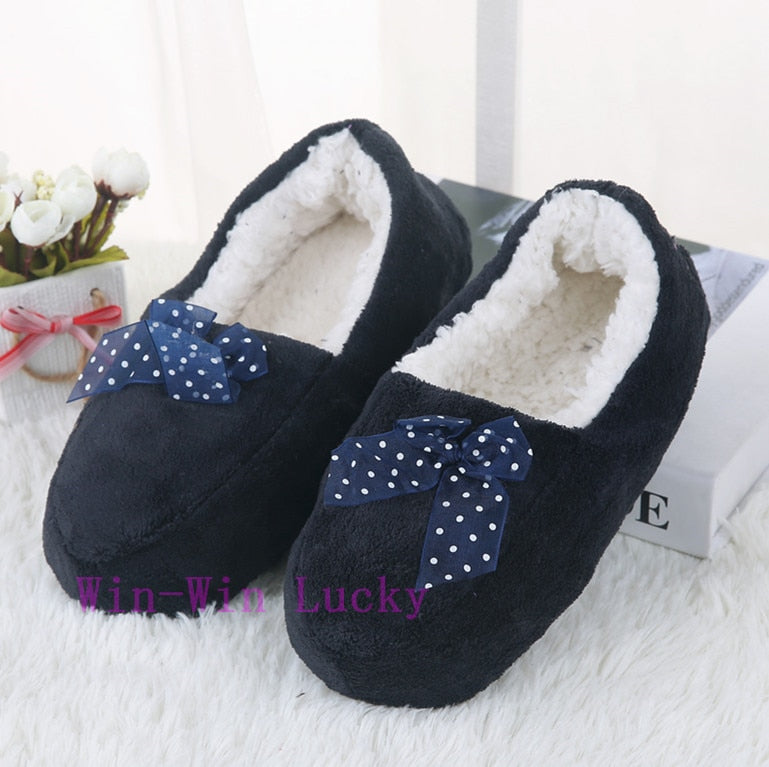 Suihyung Women Cotton Slippers Winter Warm Plush Indoor Floor Shoes Non-slip Hose Slip On Ladies Lace Bow Slides Fluffy Slippers
