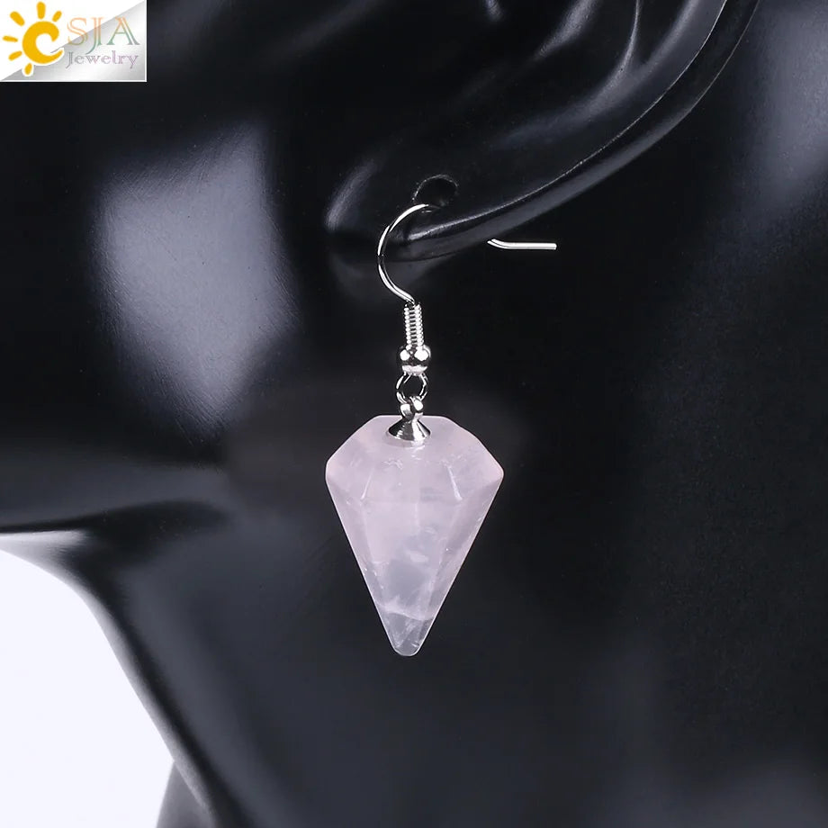 CSJA Bohemian Pyramid Drop Earrings Jewelry Earrings for Women Natural Stone Pink White Purple Crystal Quartz Lapis Lazuli E736 - Charlie Dolly