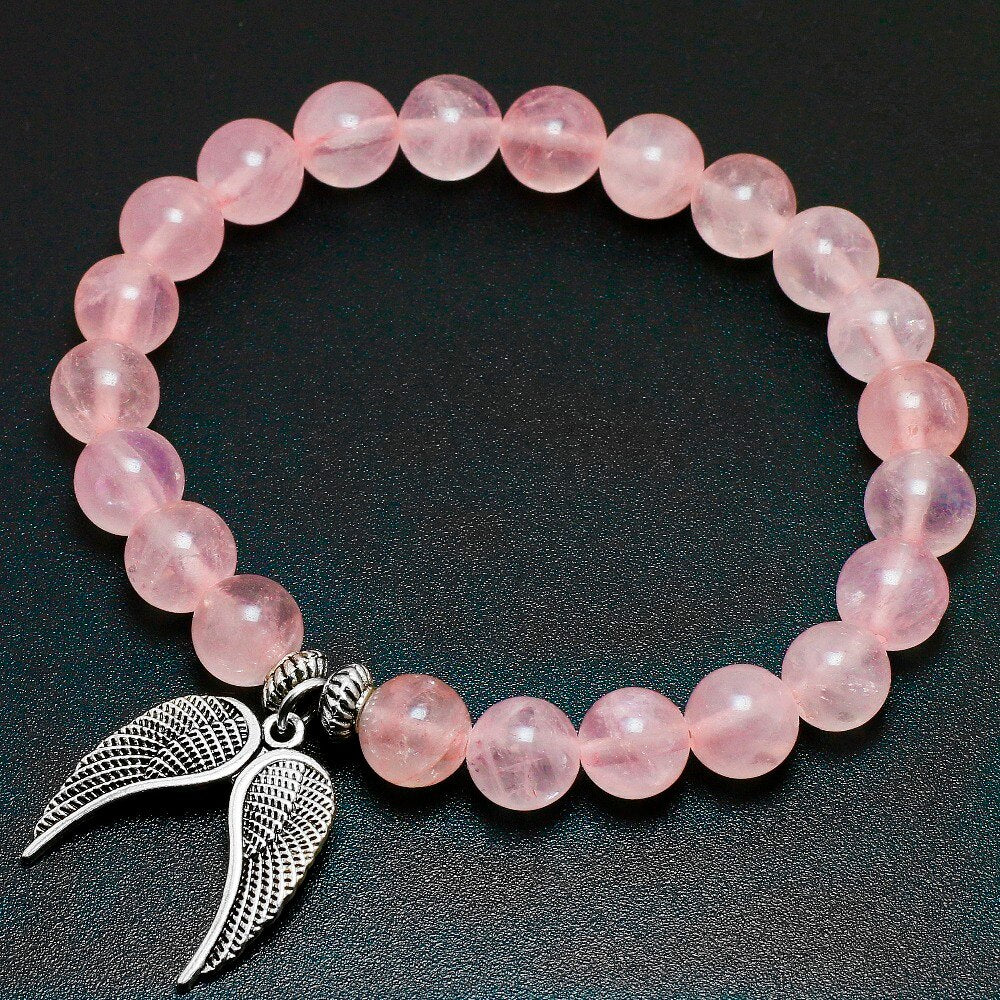 Reiki Natural Pink Quartz with Angel Wings Pendent Bracelet Women Stone Mala Beads Charms Meditation Ethnic Handmade Jewelry