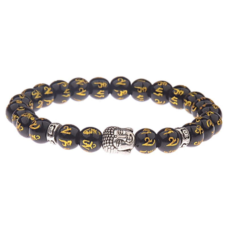 Charm Buddha&Evil Eye Bracelet Women 8mm Elastic Round Bright Black Stone Chakra Bracelets Men Erkek Bileklik Homme