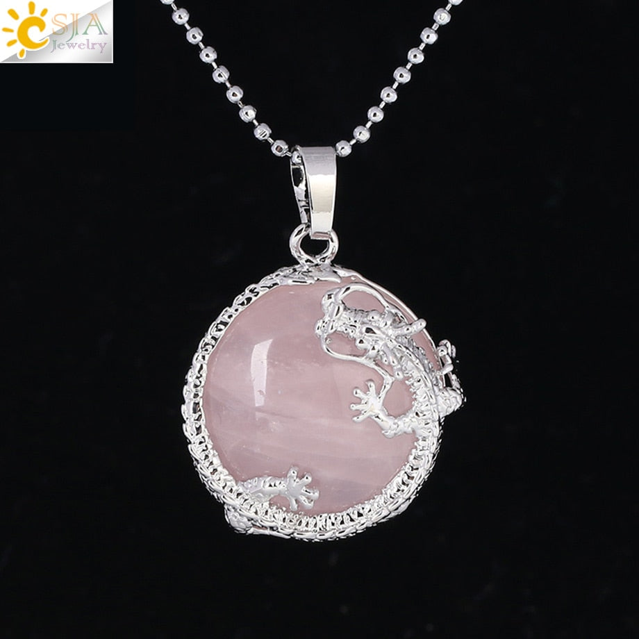 CSJA Necklaces Dragon Pendants Women Natural Stone Purple Crystal Pink Quartz Tiger Eye Lava Rock Flat Round Beads Fittings F304