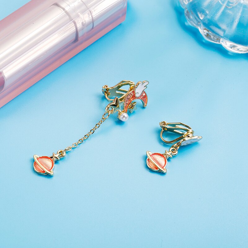 Korean Creative Clip On Earrings Cute Blue Universe Moon Star Asymmetric Long Tassel for Girl Women Without Piercing