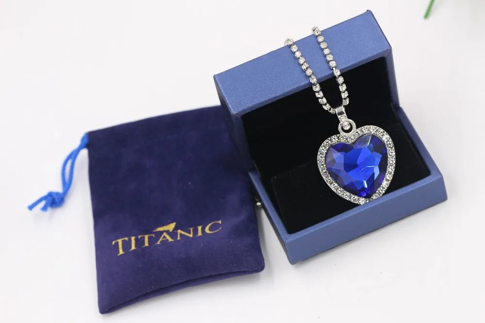 Titanic Heart of Ocean Blue Crystal Pendant Necklace, Timeless Love Amulet