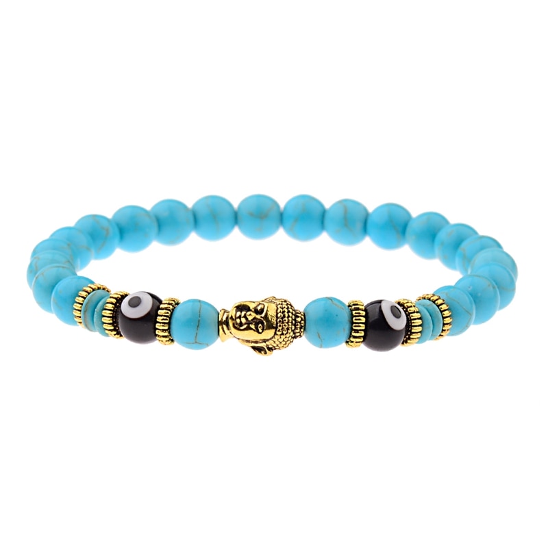 Charm Buddha&Evil Eye Bracelet Women 8mm Elastic Round Bright Black Stone Chakra Bracelets Men Erkek Bileklik Homme