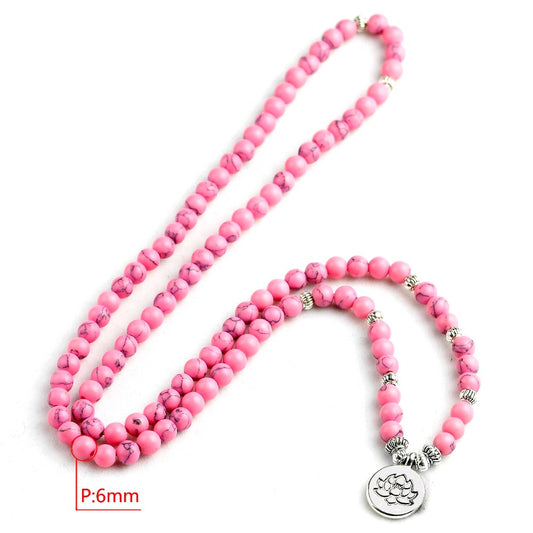 108 Beads Mala Bracelet Necklace 6mm Pink Howlite Buddha Bracelet Prayer Buddhist Charm for Women Girls Yoga Jewelry - Charlie Dolly