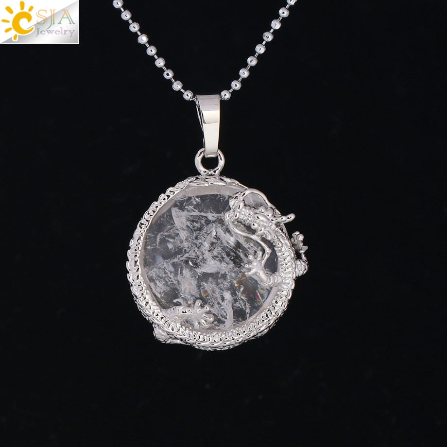 CSJA Necklaces Dragon Pendants Women Natural Stone Purple Crystal Pink Quartz Tiger Eye Lava Rock Flat Round Beads Fittings F304