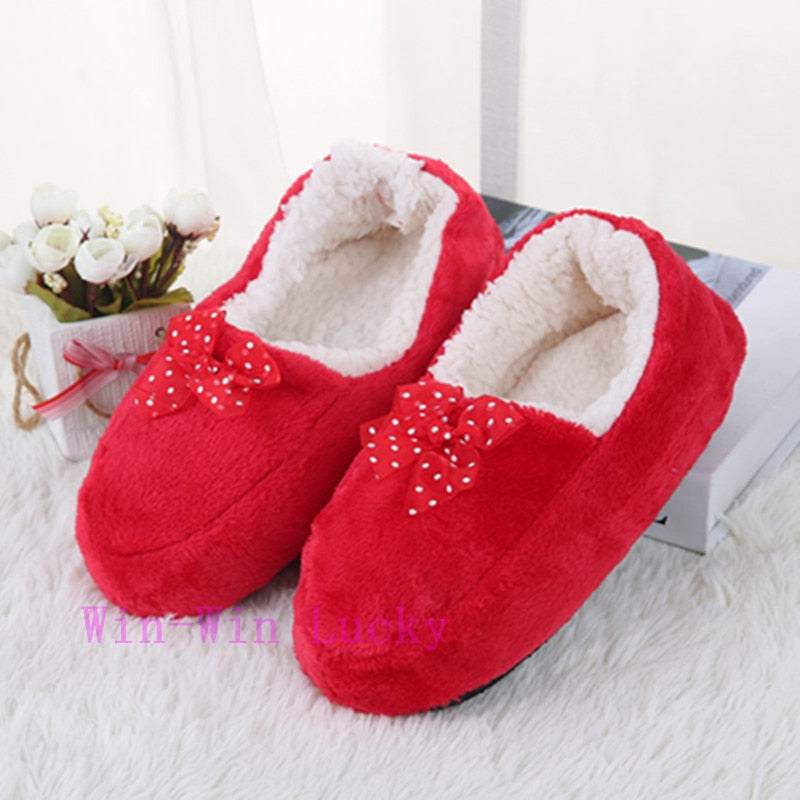 Suihyung Women Cotton Slippers Winter Warm Plush Indoor Floor Shoes Non-slip Hose Slip On Ladies Lace Bow Slides Fluffy Slippers
