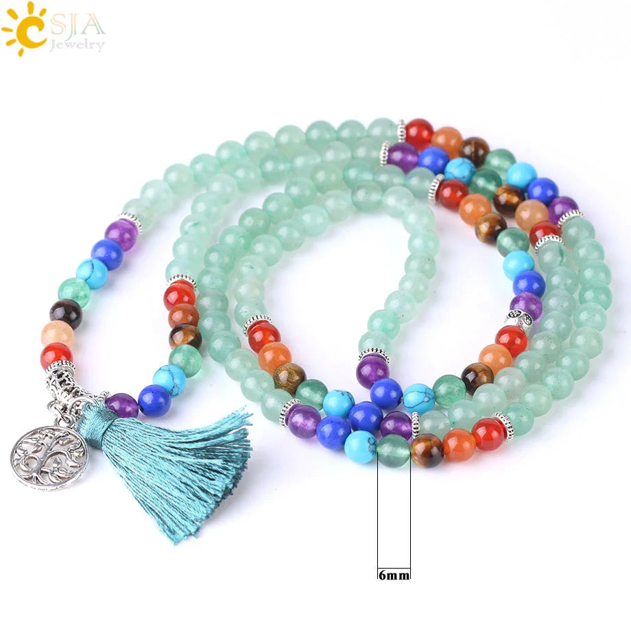 7 Chakra Natural Gem Stone Mala Tassel Long Boho Necklace