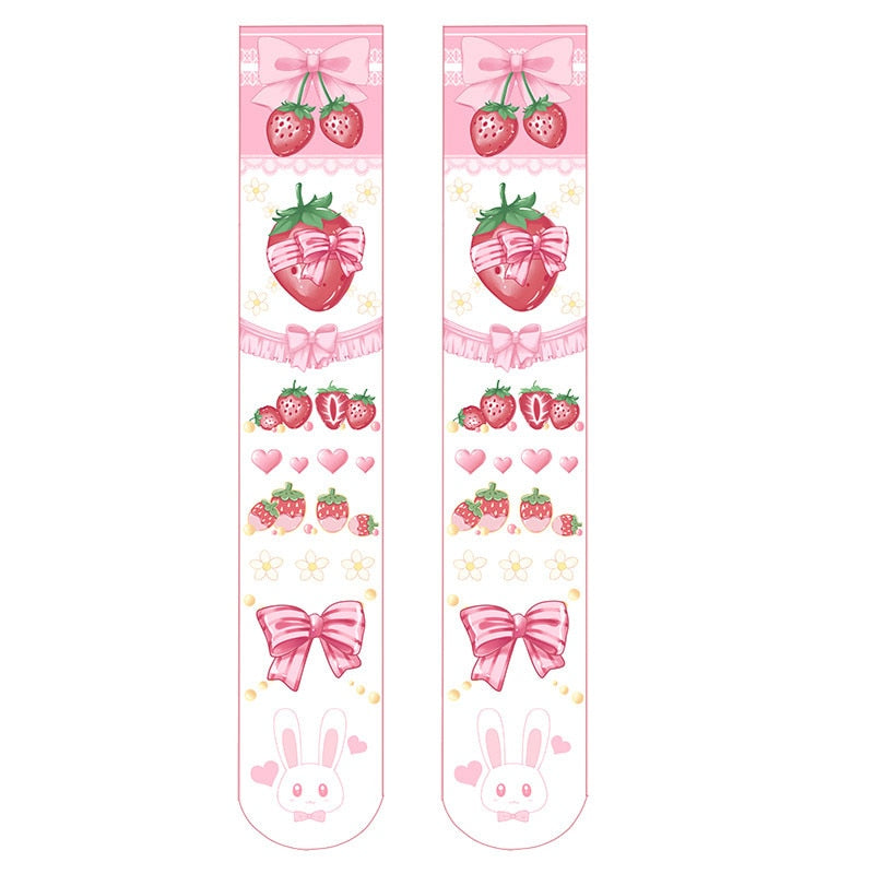 Women Sexy Thigh High Stockings Autumn 3D Printing Red Strawberry Pink Sweet Kawaii Over Knee Stocking Cosplay Quadratic Element