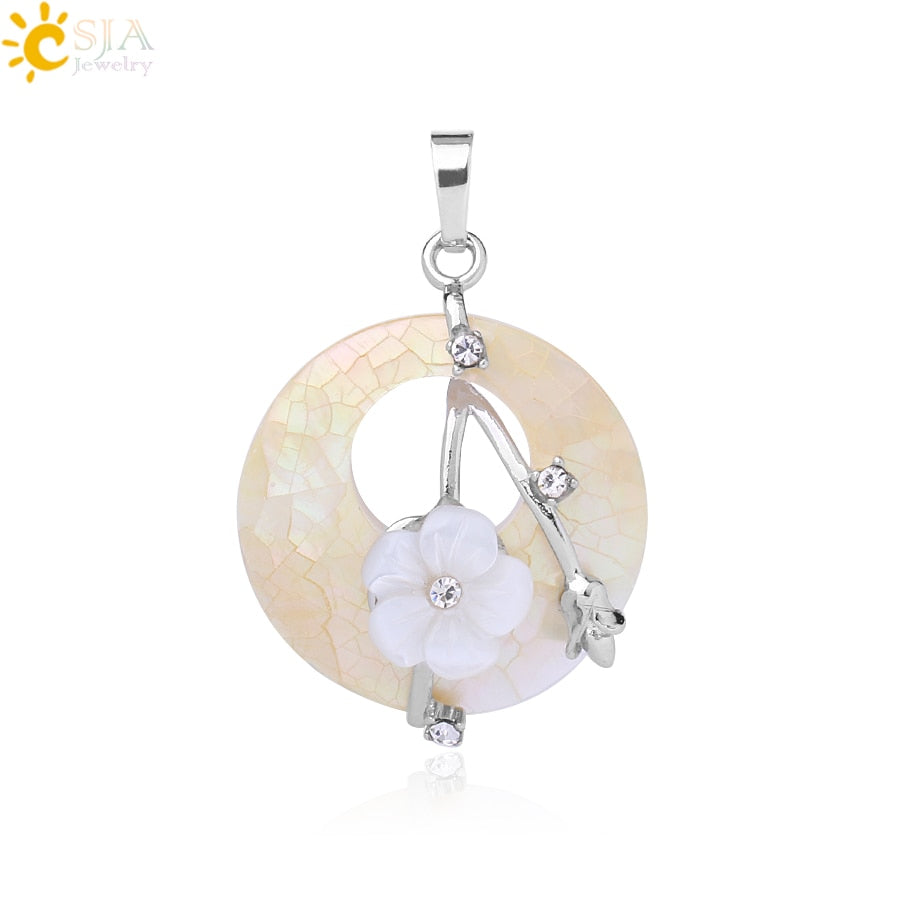 CSJA Colorful Natural Abalone Shell Pendants Necklaces White Pink Round Gems Beads Flower Zircon Women Charms Jewelry F873