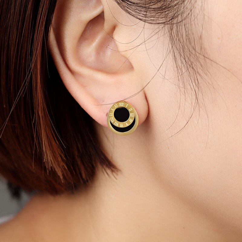 High Quality Black Enamel Roman Numerals Stud Earrings For Women/Men Girls Piercing Jewelry Titanium Steel Gold Color Earring