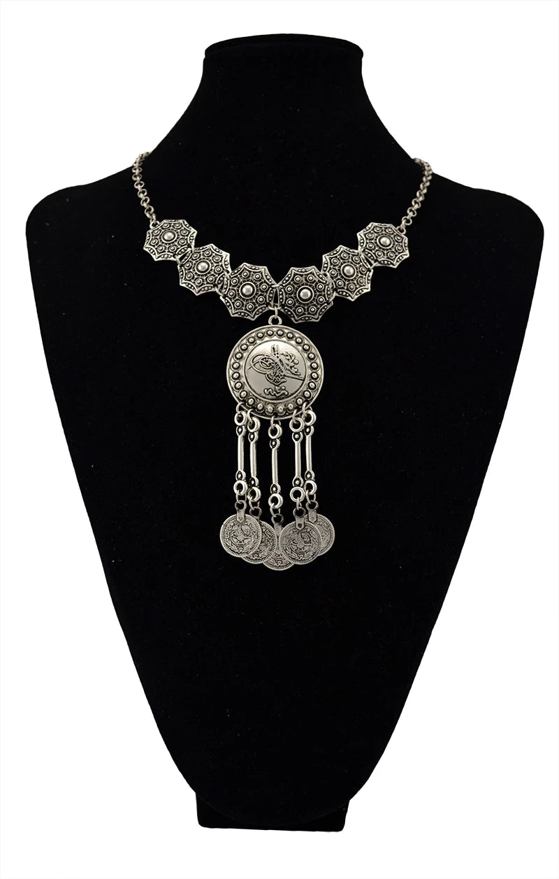 Carved Coin Tassel Tribal Necklace Jewelry
