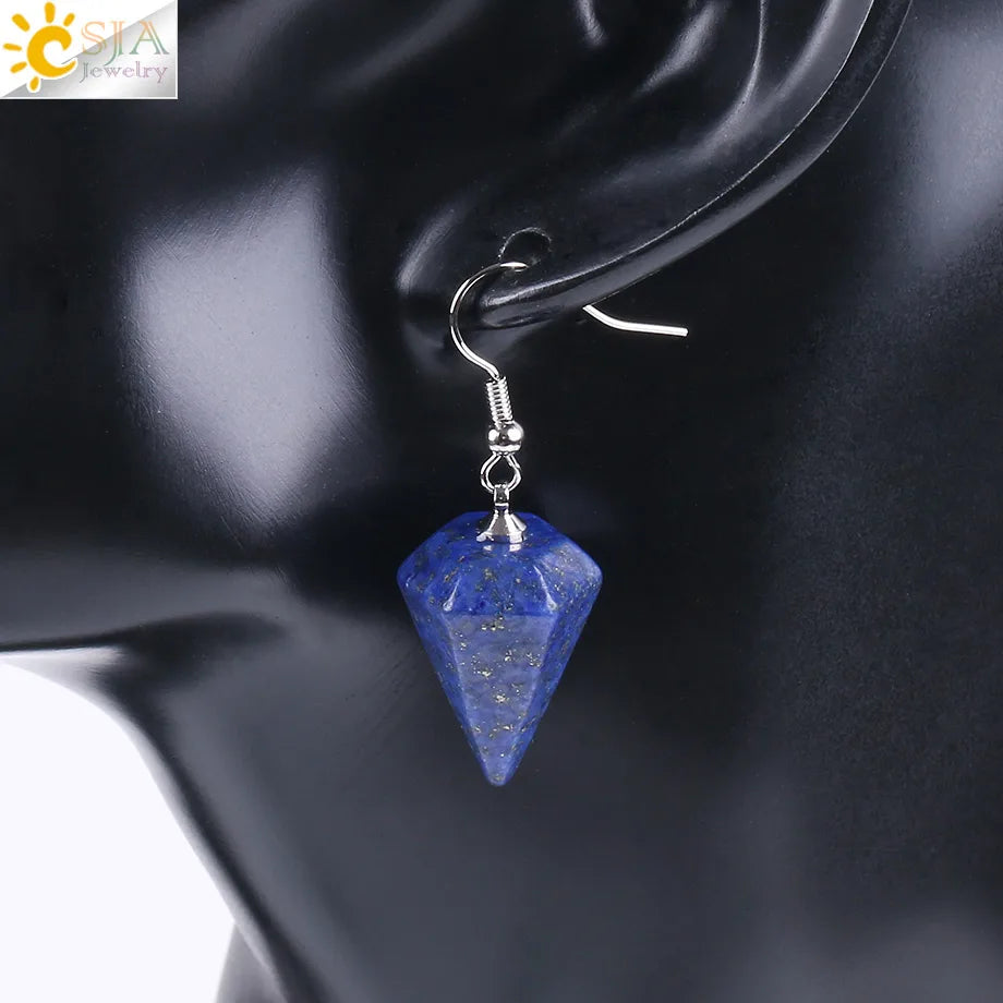 CSJA Bohemian Pyramid Drop Earrings Jewelry Earrings for Women Natural Stone Pink White Purple Crystal Quartz Lapis Lazuli E736 - Charlie Dolly