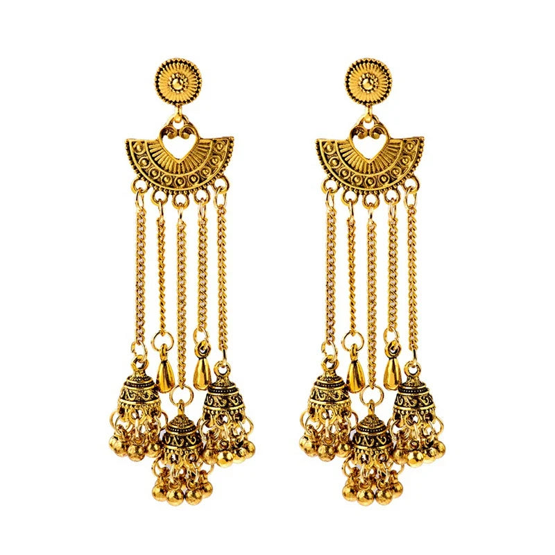 الهندي Jhumka أقراط الذهب الشظية اللون أجراس كبيرة قطرة طويلة شرابة القرط للنساء بوهو الغجر مجوهرات هدية