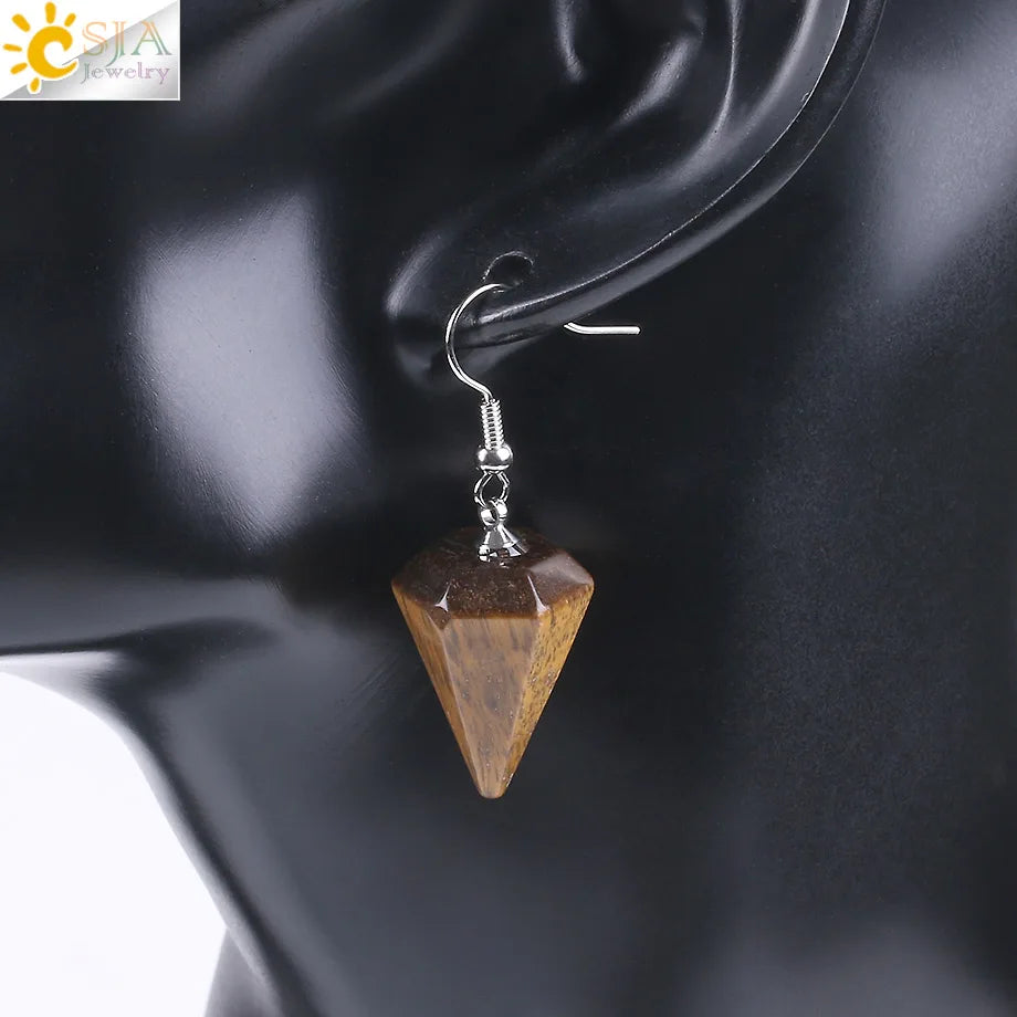 CSJA Bohemian Pyramid Drop Earrings Jewelry Earrings for Women Natural Stone Pink White Purple Crystal Quartz Lapis Lazuli E736 - Charlie Dolly