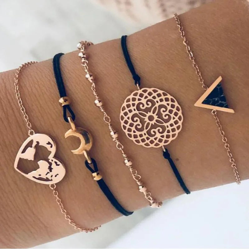 Boho Charm and Crystal Bead Bangle Bracelet Set