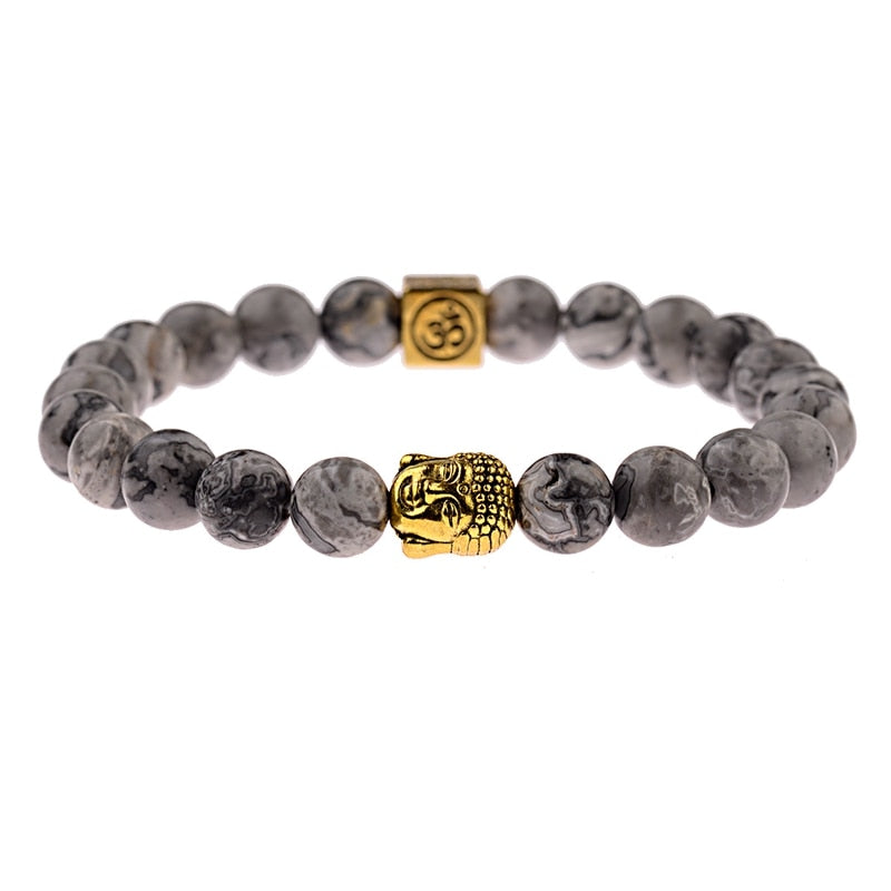 Charm Buddha&Evil Eye Bracelet Women 8mm Elastic Round Bright Black Stone Chakra Bracelets Men Erkek Bileklik Homme