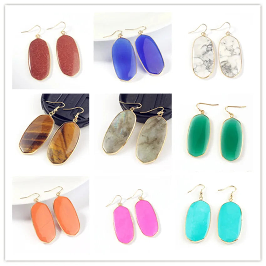 Natural Crystal Rose Pink Quartz Labradorite Lapis Lazuli Tiger Eye Stone Turquoise Oval Dangle Hook Women Earrings Jewelry - Charlie Dolly