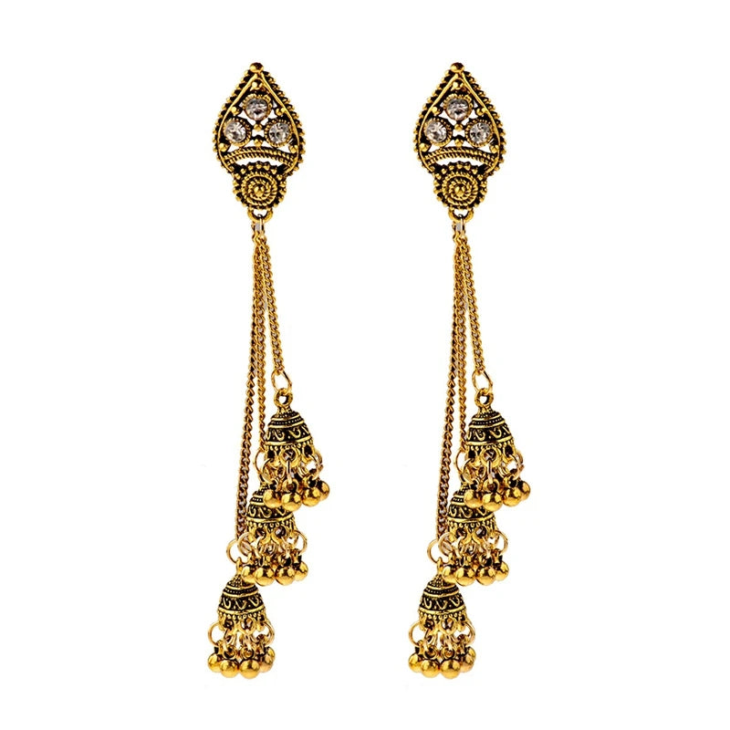 الهندي Jhumka أقراط الذهب الشظية اللون أجراس كبيرة قطرة طويلة شرابة القرط للنساء بوهو الغجر مجوهرات هدية