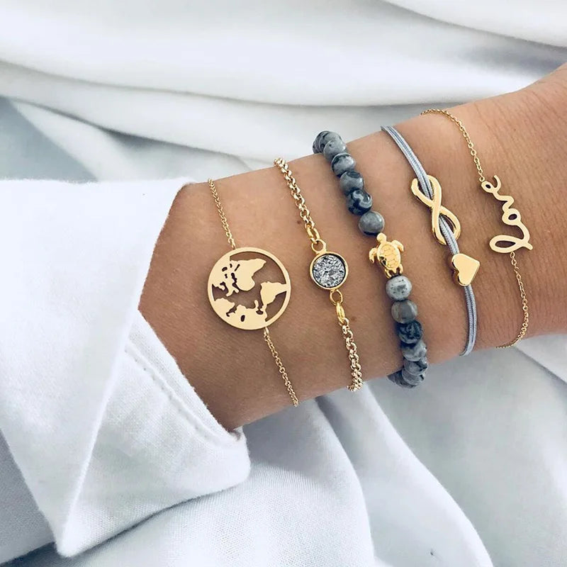 Boho Charm and Crystal Bead Bangle Bracelet Set