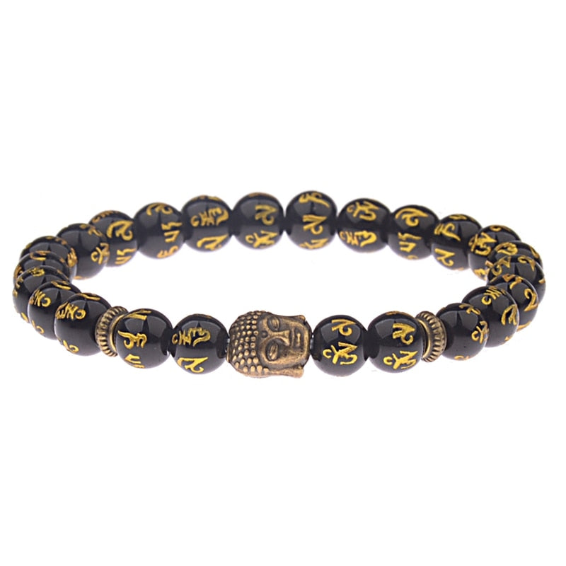 Charm Buddha&Evil Eye Bracelet Women 8mm Elastic Round Bright Black Stone Chakra Bracelets Men Erkek Bileklik Homme