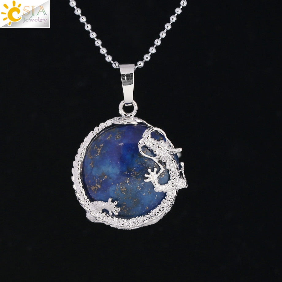 CSJA Necklaces Dragon Pendants Women Natural Stone Purple Crystal Pink Quartz Tiger Eye Lava Rock Flat Round Beads Fittings F304