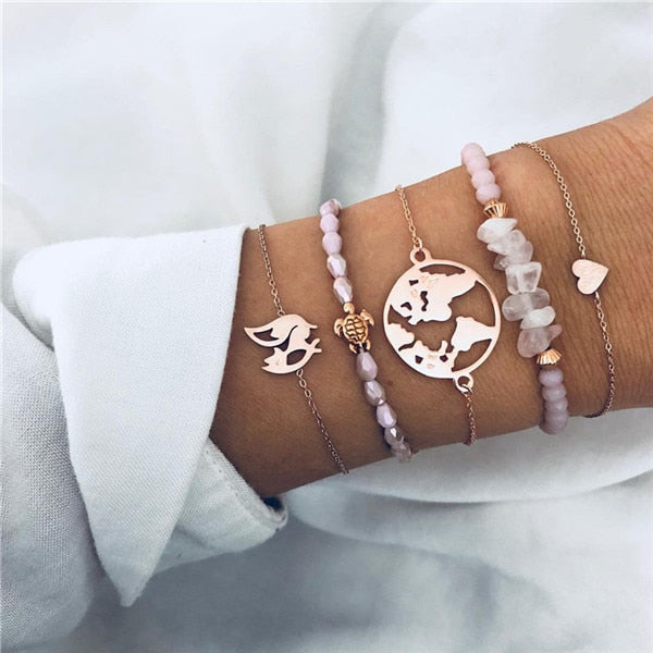Modyle Bohemian Handmade Pink Crystal Beads Bracelets for Women Vintage Fashion Fox Map Bracelet Bangles Jewelry Gifts