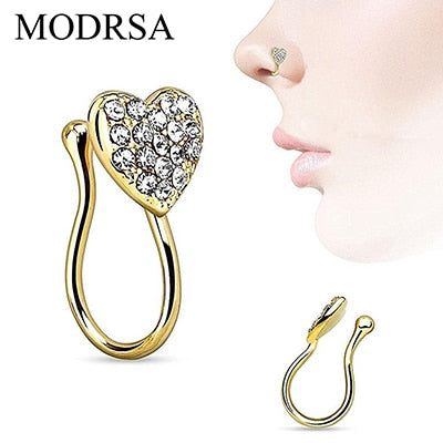 MODRSA 1Piece Heart With Gems Clip On Nose Ring Fake Non Piercing Septum Nose Clip Splint Crystal Nose Rings Hoop Body Jewelry