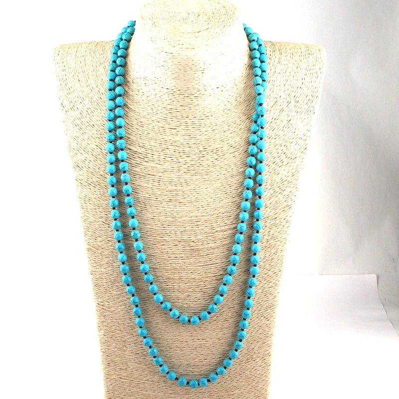 Blue Faceted Stone Knotted Long Necklace Jewelry