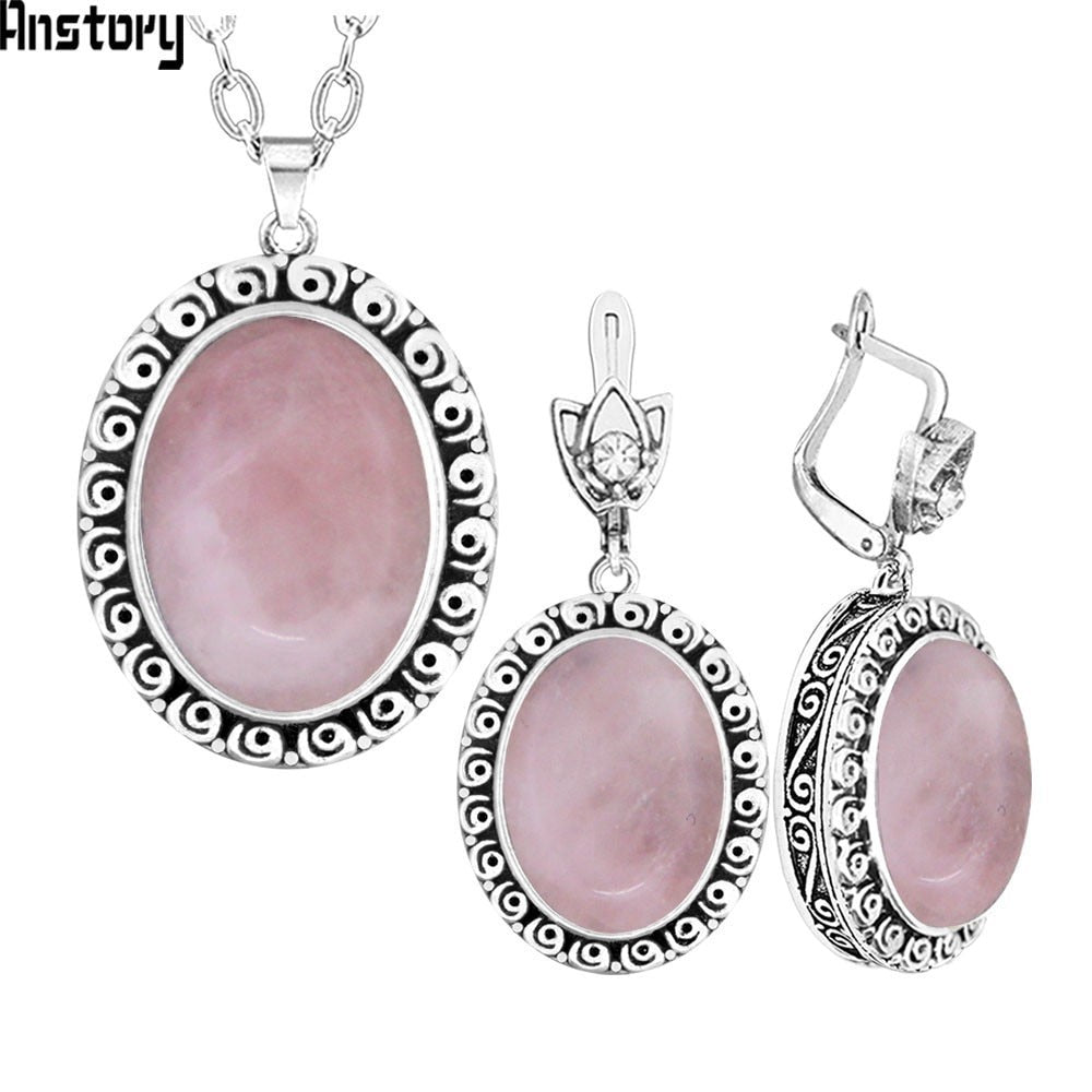 Oval Pink Quartz Amethysts Natural Stone Jewelry Set Snail Flower Antique Silver Plated Necklace Earrings Vintage Jewelry TS480