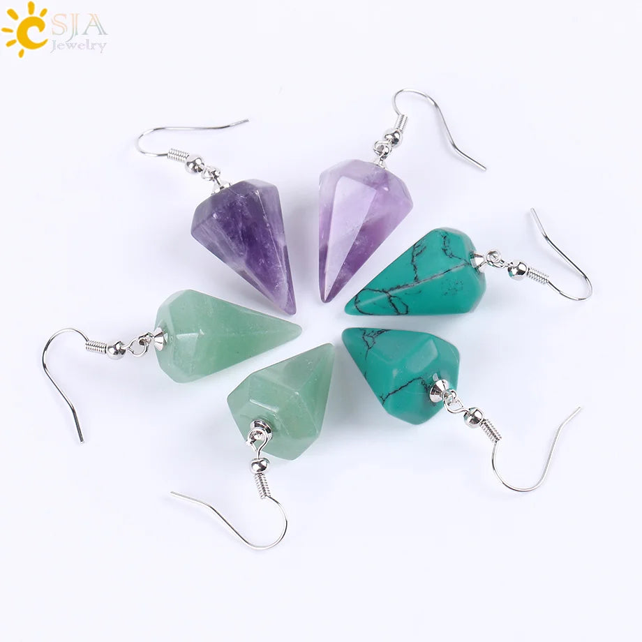 CSJA Bohemian Pyramid Drop Earrings Jewelry Earrings for Women Natural Stone Pink White Purple Crystal Quartz Lapis Lazuli E736 - Charlie Dolly