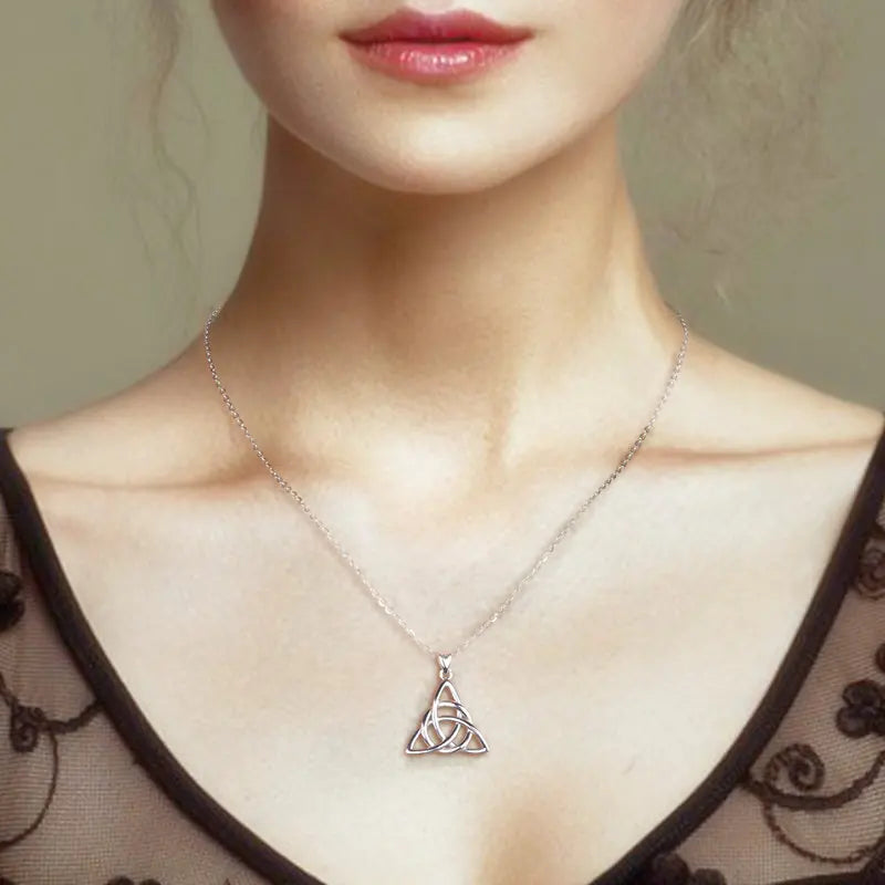 S925 Sterling Silver Celtic Knot Triangle Pendant Necklace, Purple CZ Sacred Geometry Amulet
