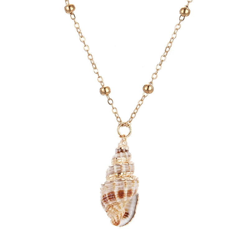 Natural Conch and Cowrie Shell Pendant Boho Necklace