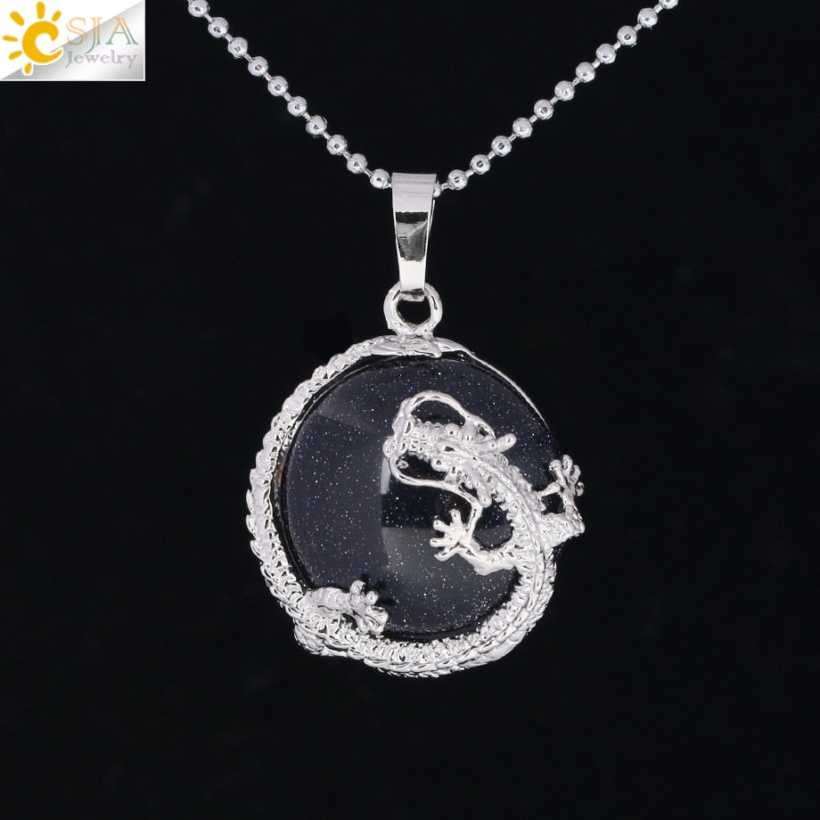 CSJA Necklaces Dragon Pendants Women Natural Stone Purple Crystal Pink Quartz Tiger Eye Lava Rock Flat Round Beads Fittings F304