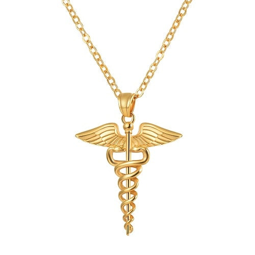 U7 Caduceus Pendants Necklace Medical Symbol Nurse Doctor Stainless Steel Double Snake Wings Mythology Necklaces for Women Men