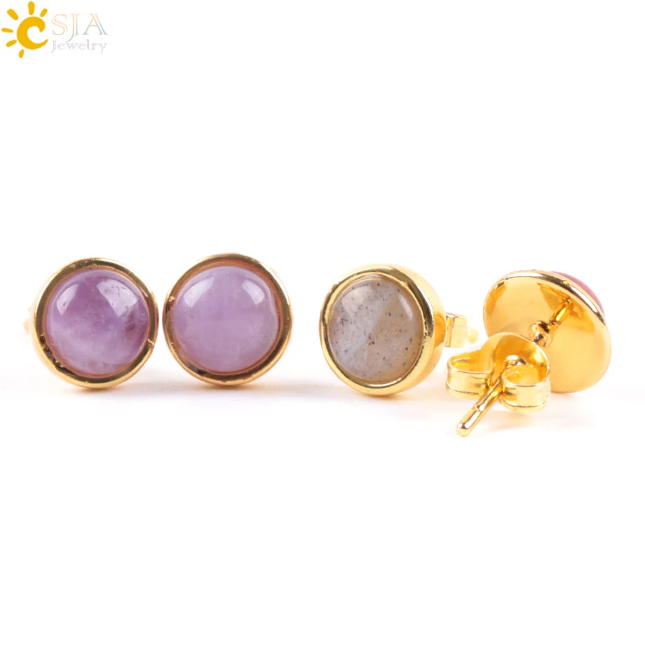 CSJA Gold Color Round Stud Earrings Natural Gem Precious Stone Green Black Obsidian Lapis Lazuli Amethysts Crystal Jewelry E597 - Charlie Dolly