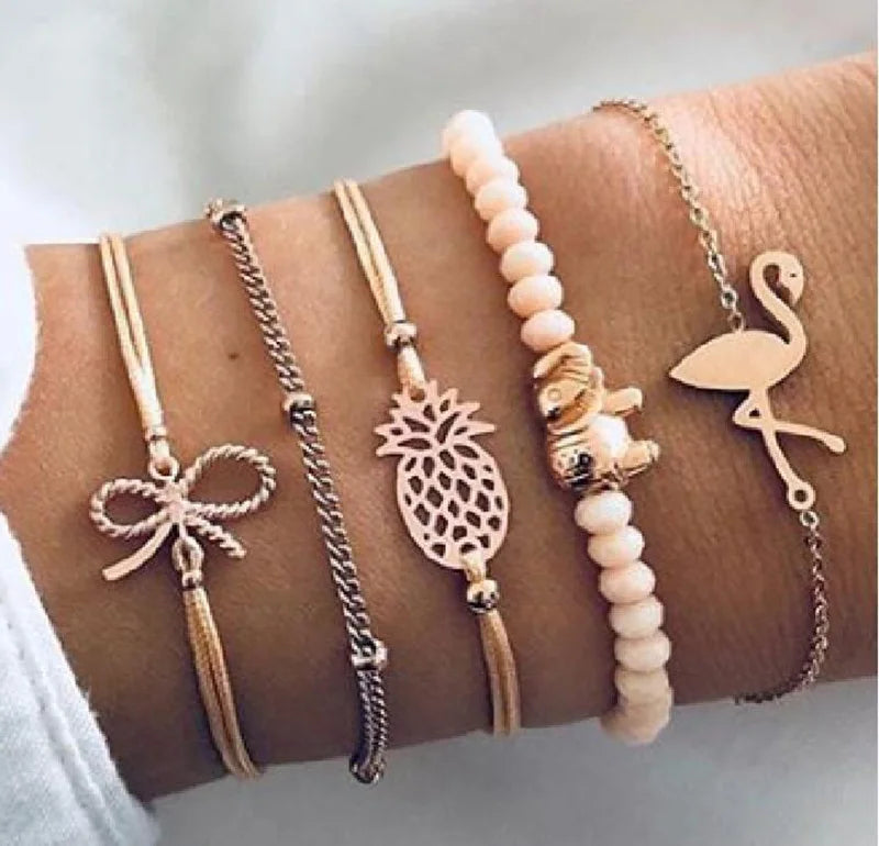 Boho Charm and Crystal Bead Bangle Bracelet Set