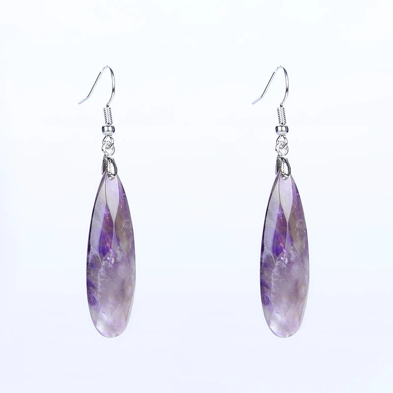 Silver Plated Long Water Drop Section Lapis Lazuli Pink Quartz Stone Hook Drop Earrings Elegant Women's Earring Fashion Jewelry - Charlie Dolly