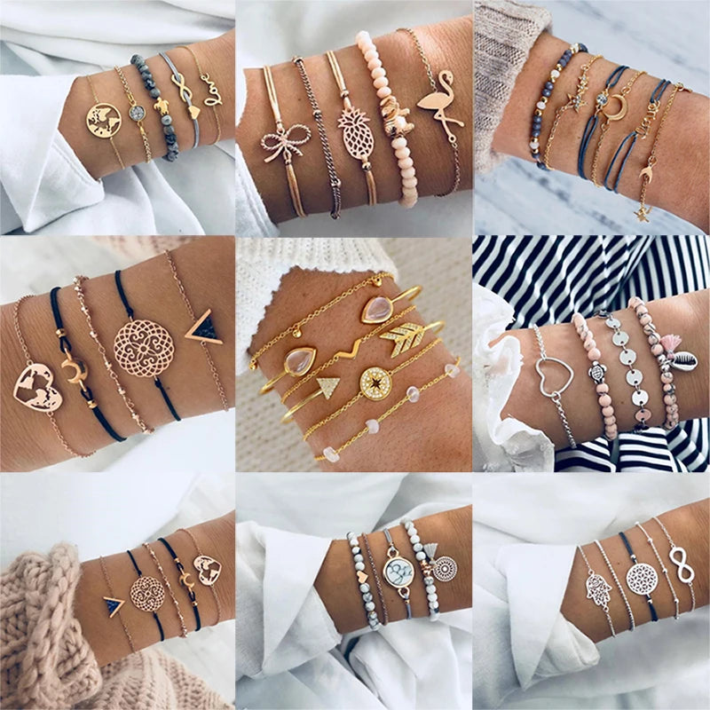 Boho Charm and Crystal Bead Bangle Bracelet Set